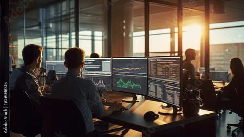 A scene showcasing a team of software developers coding, collaborating, and testing applications in a modern development environment