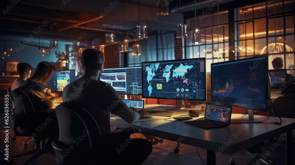 A scene showcasing a team of software developers coding, collaborating, and testing applications in a modern development environment A scene showcasing a team of software developers coding, collaborating, and testing applications in a modern development environment