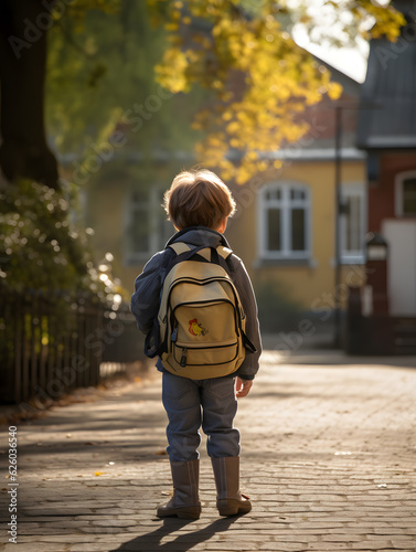 back view of cute child with backpack back to school concept
