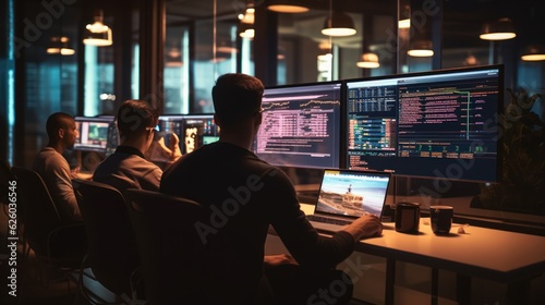 A scene showcasing a team of software developers coding, collaborating, and testing applications in a modern development environment