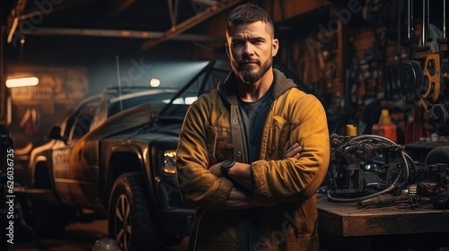 portrait of a brutal auto mechanic on the background of a car