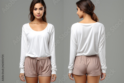 Front and back view set. Women pajama sleepwear mockup template white with crop top and wide short pant. Mock up.
