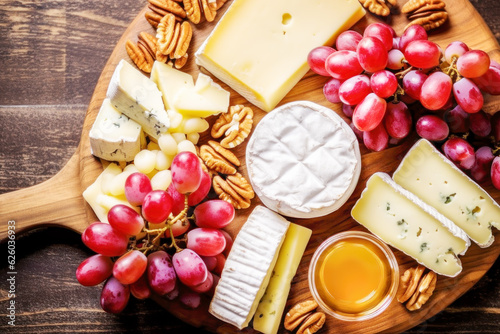 Cheese plate. Different kind of cheese, red grapes, honey and nuts on round wooden board on wooden background. Healthy food. Snacks for wine. The mediterranean diet. Flat lay