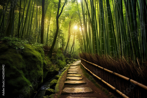 a painting of a path through a bamboo forest. generative ai