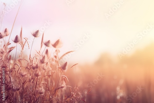 Sunset in the meadow with wild grasses. Nature background