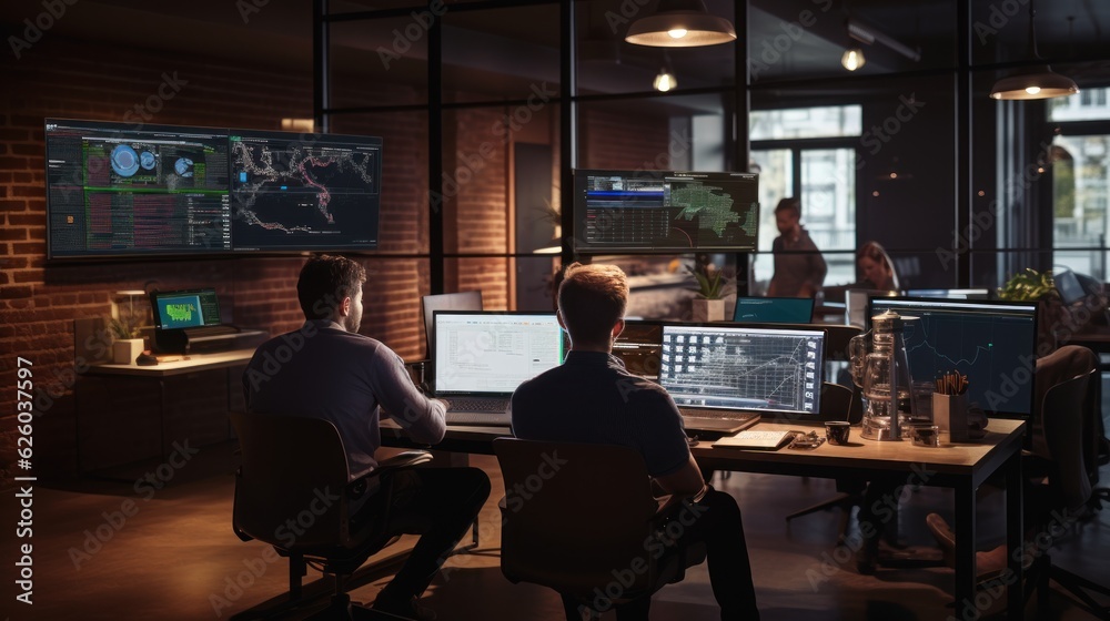 A scene showcasing a team of software developers coding, collaborating, and testing applications in a modern development environment A scene showcasing a team of software developers coding, collaborating, and testing applications in a modern development environment