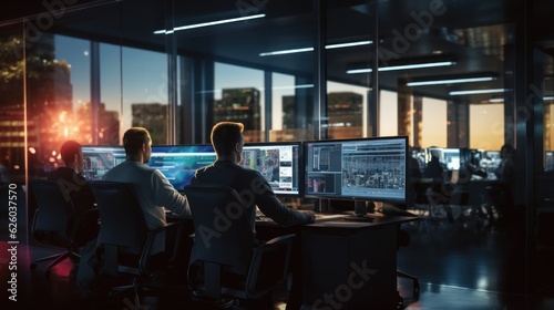 A scene showcasing a team of software developers coding, collaborating, and testing applications in a modern development environment