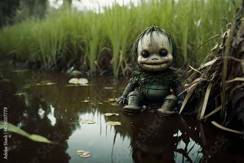 Creepy abandoned forgotten broken doll left in the pond