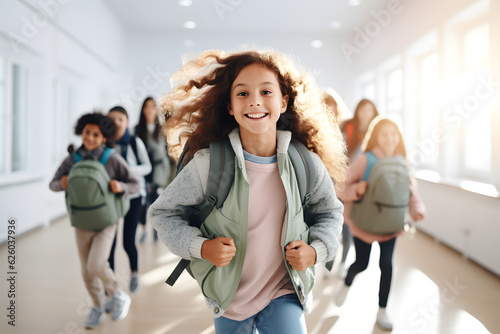 group of kids student with backpack smile excited go to school