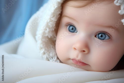 A newborn baby with beautiful blue eyes