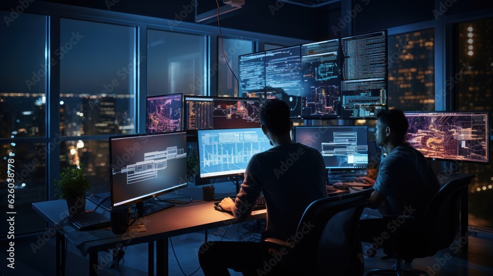 A scene showcasing a team of software developers coding, collaborating, and testing applications in a modern development environment A scene showcasing a team of software developers coding, collaborating, and testing applications in a modern development environment