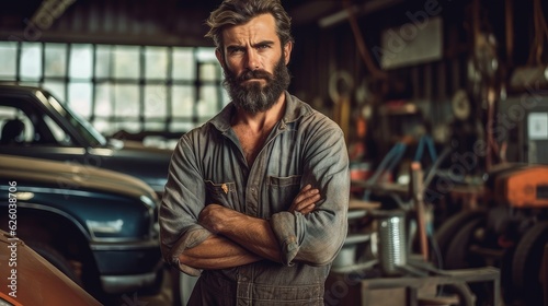 portrait auto mechanic on the background of a car