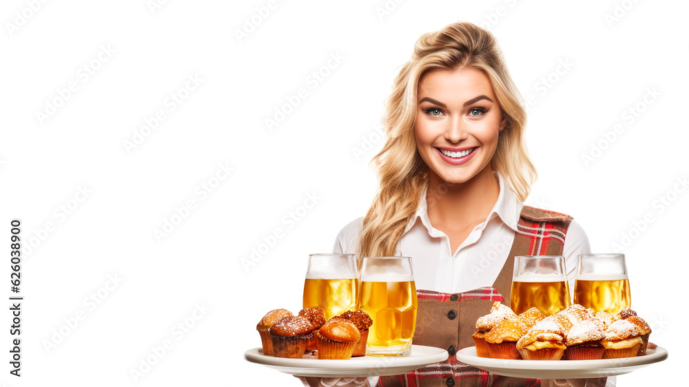 Oktoberfest banner with young pretty smiling blonde waitress with trays with beers and snacks on white background. Celebrating Oktoberfest. Party background. Harvest festival. Banner size, copy space Oktoberfest banner with young pretty smiling blonde waitress with trays with beers and snacks on white background. Celebrating Oktoberfest. Party background. Harvest festival. Banner size, copy space