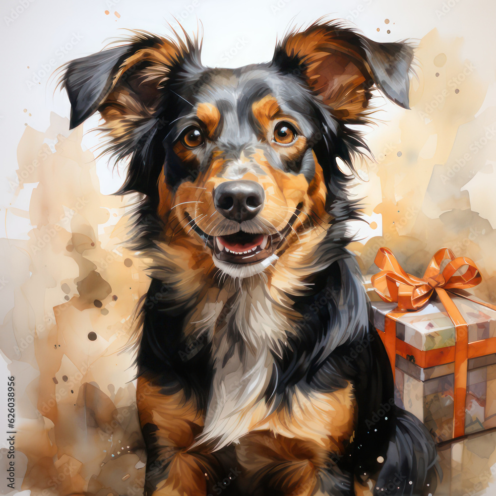 Watercolor dog with a gift, festive square postcard. AI generative.