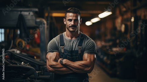 portrait auto mechanic on the background of a car