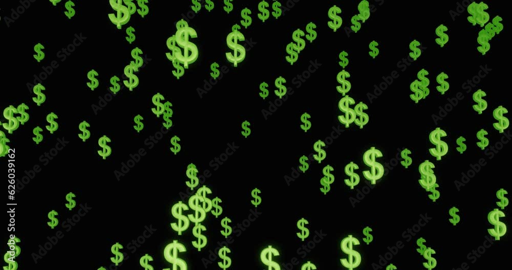 green dollar symbol falling on a black background green dollar symbol falling on a black background
