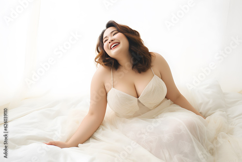 A chubby model in a romantic and dreamy pose wearing an elegant dress