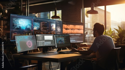 A scene showcasing a team of software developers coding, collaborating, and testing applications in a modern development environment © Damian Sobczyk