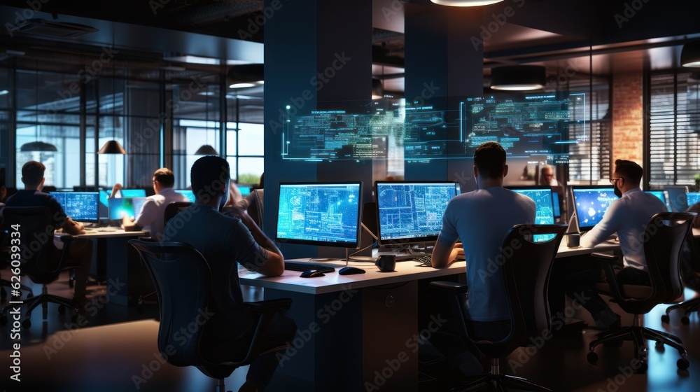 A scene showcasing a team of software developers coding, collaborating, and testing applications in a modern development environment A scene showcasing a team of software developers coding, collaborating, and testing applications in a modern development environment