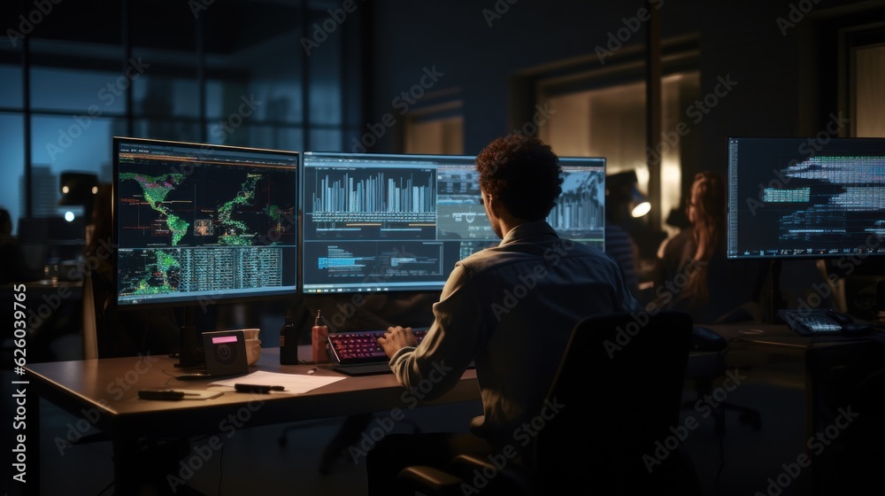 A scene showcasing a team of software developers coding, collaborating, and testing applications in a modern development environment A scene showcasing a team of software developers coding, collaborating, and testing applications in a modern development environment
