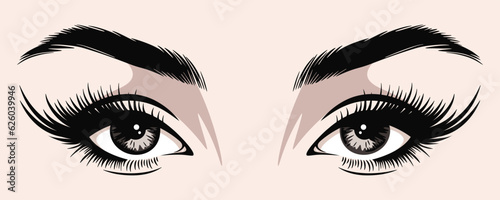 Vector Hand Drawn Woman s, Female Sexy Eyes, Perfectly Shaped Eyelashes, Eyebrows. Design Template for Business Visit Card, Logo, Advertising Mascara, Makeup, Cosmetics, Beauty Services, Salon