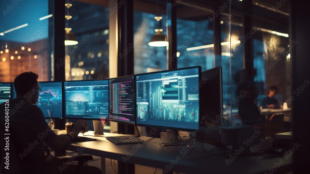 A scene showcasing a team of software developers coding, collaborating, and testing applications in a modern development environment A scene showcasing a team of software developers coding, collaborating, and testing applications in a modern development environment