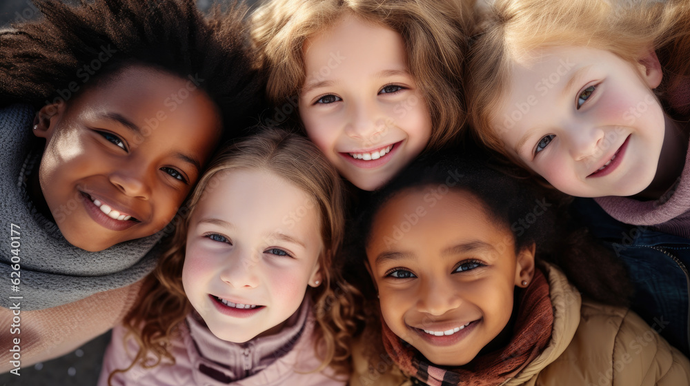 Group of diverse kids smiling at camera, top view Group of diverse kids smiling at camera, top view
