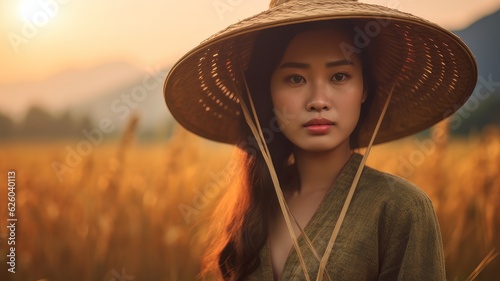 beautiful asian woman farmer in rice