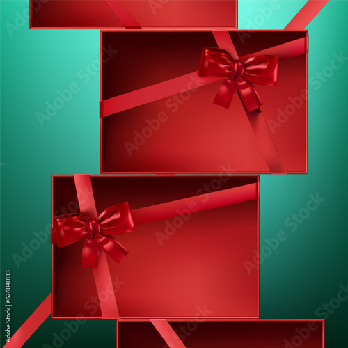 Abstract 3D Vector minimal scene for mockup product display. Minimal product background for Christmas and sale event concept. Red gift box with red ribbon bow on green background. Vector EPS10