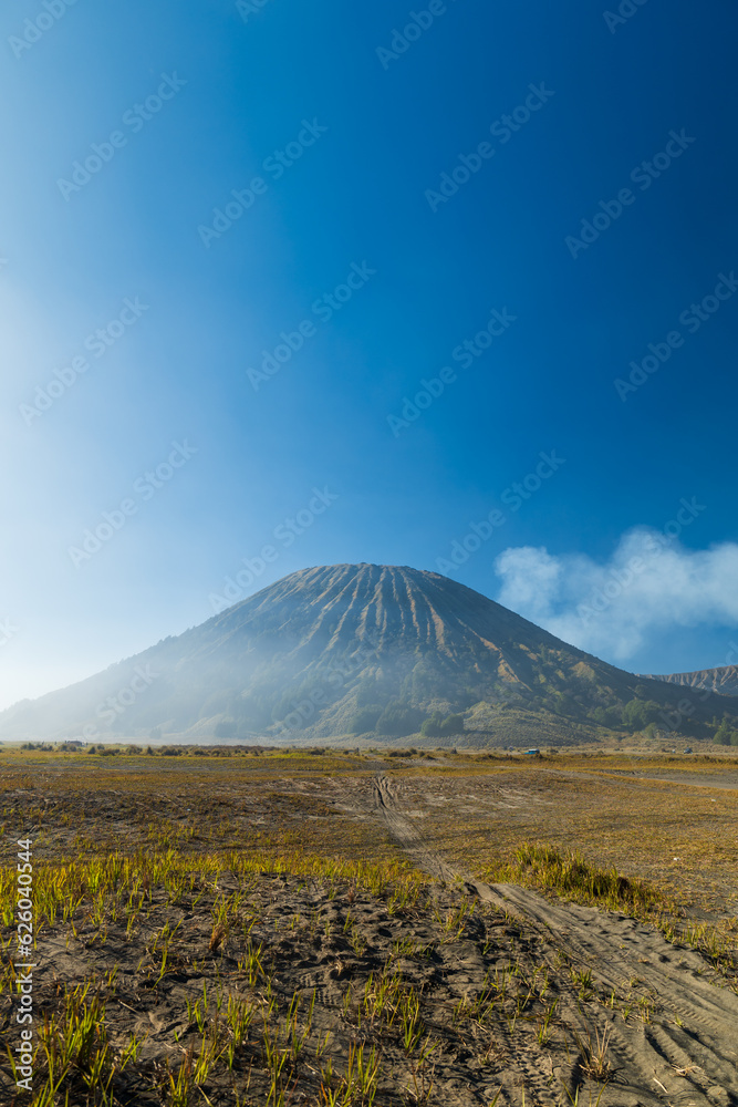 Mount Bromo volcano crater area landscape, the magnificent view of Mt. Bromo, located in Bromo Tengger Semeru National Park, East Java, Indonesia