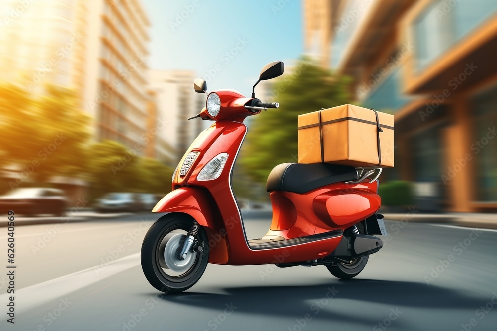 Delivery Man Riding Scooter with Package. AI