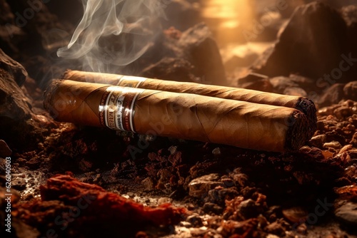 Close-up View of Cuban Cigar with Smoke and Exquisite Detail. AI