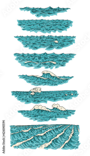 Sea waves. Vintage vector engraving color illustration. Isolated on white