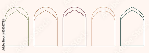 Modern minimalist aesthetic line arch frames in trendy boho style. Modern Y2K vector design outline elements - geometric form for banner, social media, poster. Shape Islamic door and window silhouette