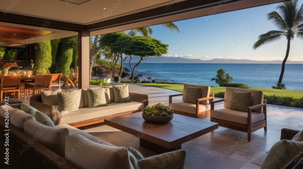 Fototapeta premium Beachfront villa with a private cabana and direct access to the white sands of Wailea Beach in Maui, Hawaii