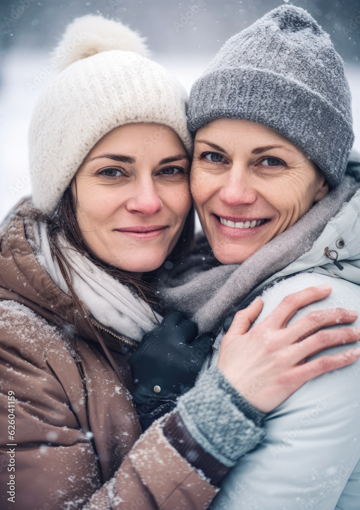 Lesbian couple on a winter day, wearing warm clothes - smiling happy, snow falling around, their faces together, intimate candid moment. Generative AI Lesbian couple on a winter day, wearing warm clothes - smiling happy, snow falling around, their faces together, intimate candid moment. Generative AI