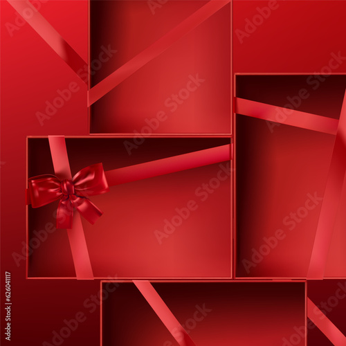 Abstract 3D Vector minimal scene for mockup product display. Minimal product background for Christmas and sale event concept. Red gift box with red ribbon bow on red background. Vector EPS10