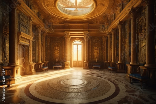 A realistic fantasy interior of the royal palace. golden palace. castle interior. Fiction Backdrop. 