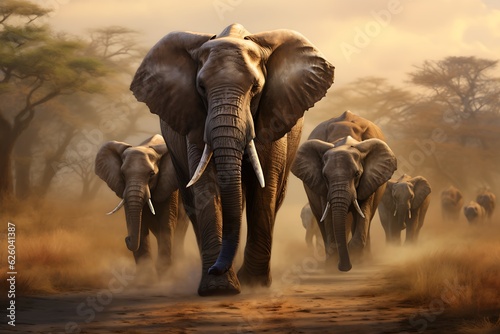 A majestic herd of wild elephants roaming freely in their natural habitat, their grace and power captivating the soul.