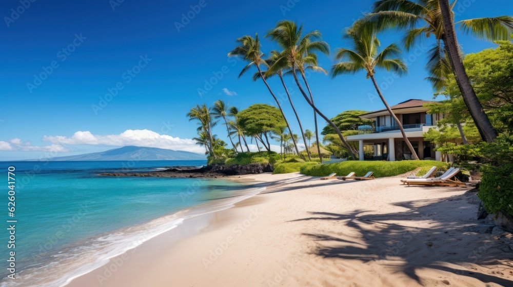 Obraz premium Beachfront villa with a private cabana and direct access to the white sands of Wailea Beach in Maui, Hawaii