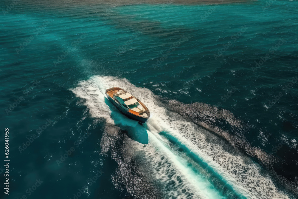 Obraz premium Aerial view of luxury motor boat. Speed boat on the azure sea in turquoise blue water - birdseye aerial view of boat. aerial view