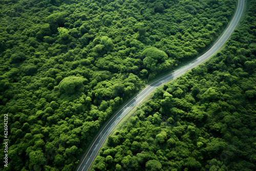 Generative AI, aerial shot of the road going through the forest, Birds Eye , drone view , travel , vacation concept. immersive perspective, balance