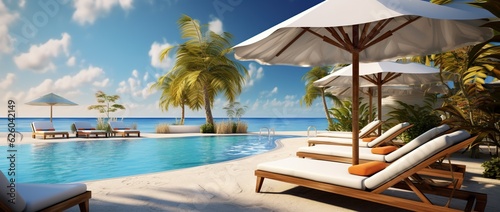 SPA with some Beach Loungers and some Palms near the Ocean and the Pool creating an Exotic Mixed View.