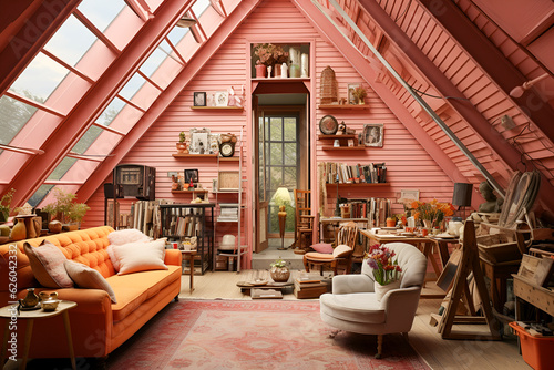 Generative AI. visual style in pink and orange colors room with furniture in retro style. vintage aesthetics of the 60s