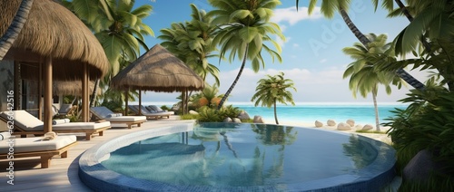 SPA with some Beach Loungers and some Palms near the Ocean and the Pool creating an Exotic Mixed View.