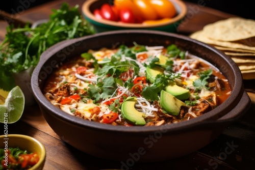 Sopa de Tortilla served in a rustic ceramic bowl with various toppings like avocado slices, cream cheese, and chopped herbs