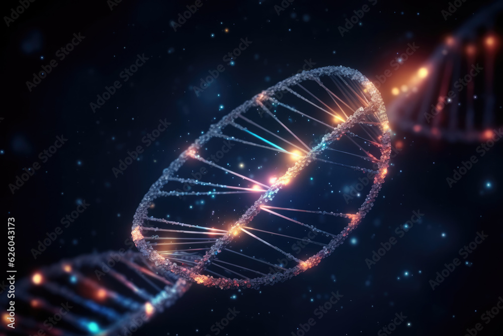 DNA double helix genetic material. Gene sequencing abstract design. Floating in space background. 