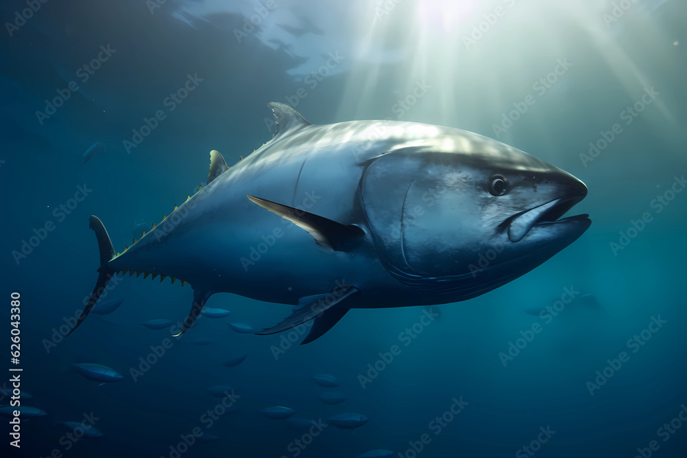 Fototapeta premium Bluefin Tuna - Found in the Atlantic and Pacific Oceans, are commonly used in Japanese and Mediterranean cuisine and have a rich, fatty flavor (Generative AI)