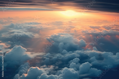 Beautiful pastel cloudscape. Fluffy clouds in the sky. Horizon from a plane. Weather and overcast dawn.
