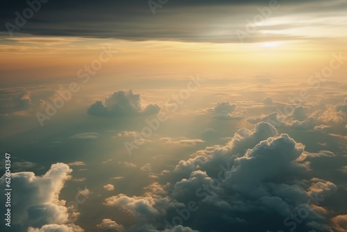 Beautiful pastel cloudscape. Fluffy clouds in the sky. Horizon from a plane. Weather and overcast dawn.
